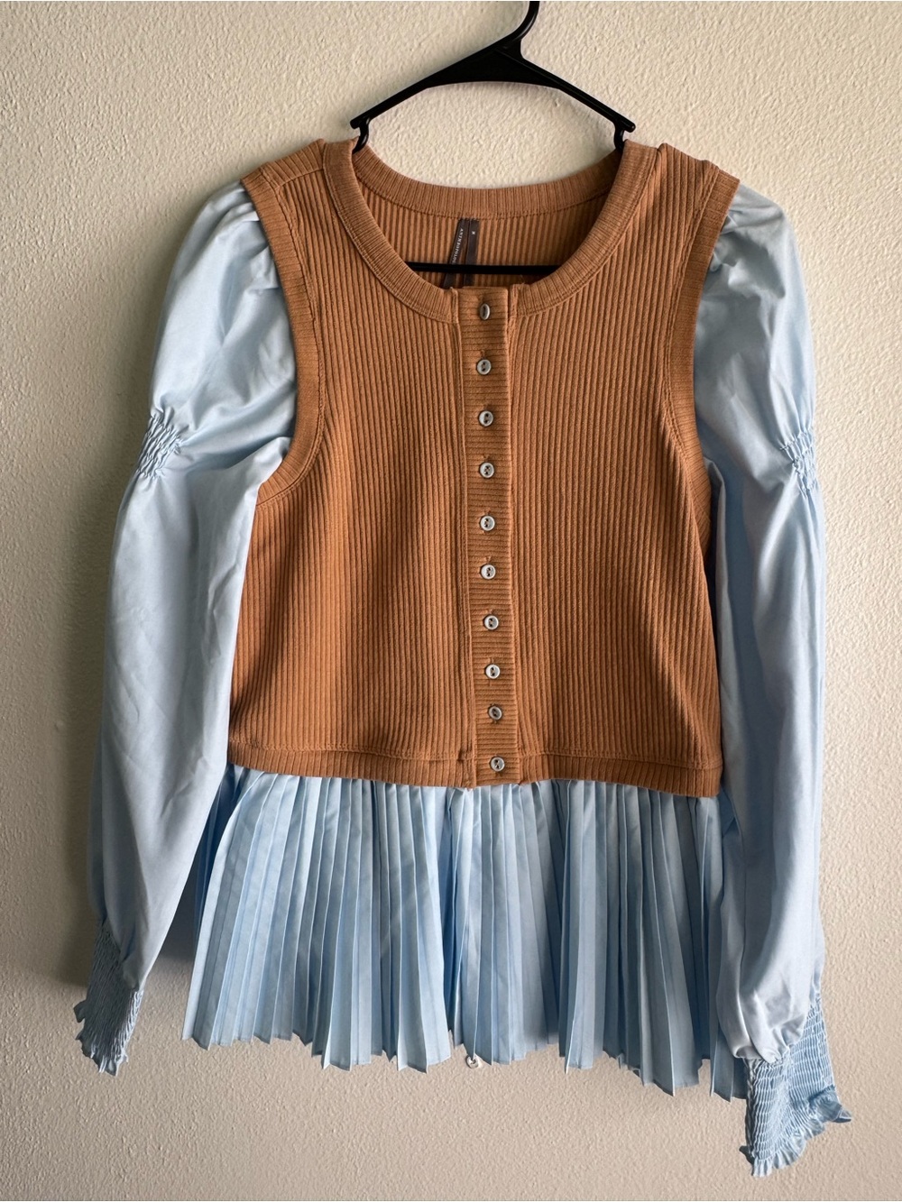 Anthropologie Mixed Media Pleated Tunic Top Brown Blue Size Medium